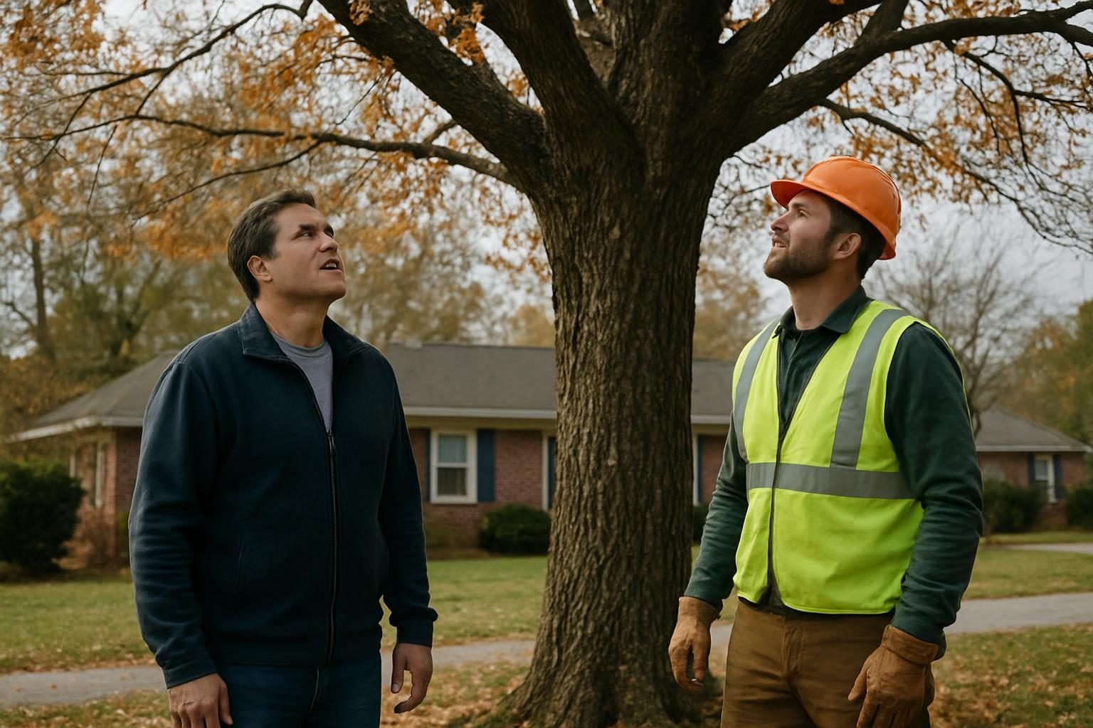 Homeowner and arborist inspecting a maple tree before dormant-season trimming in Fayetteville