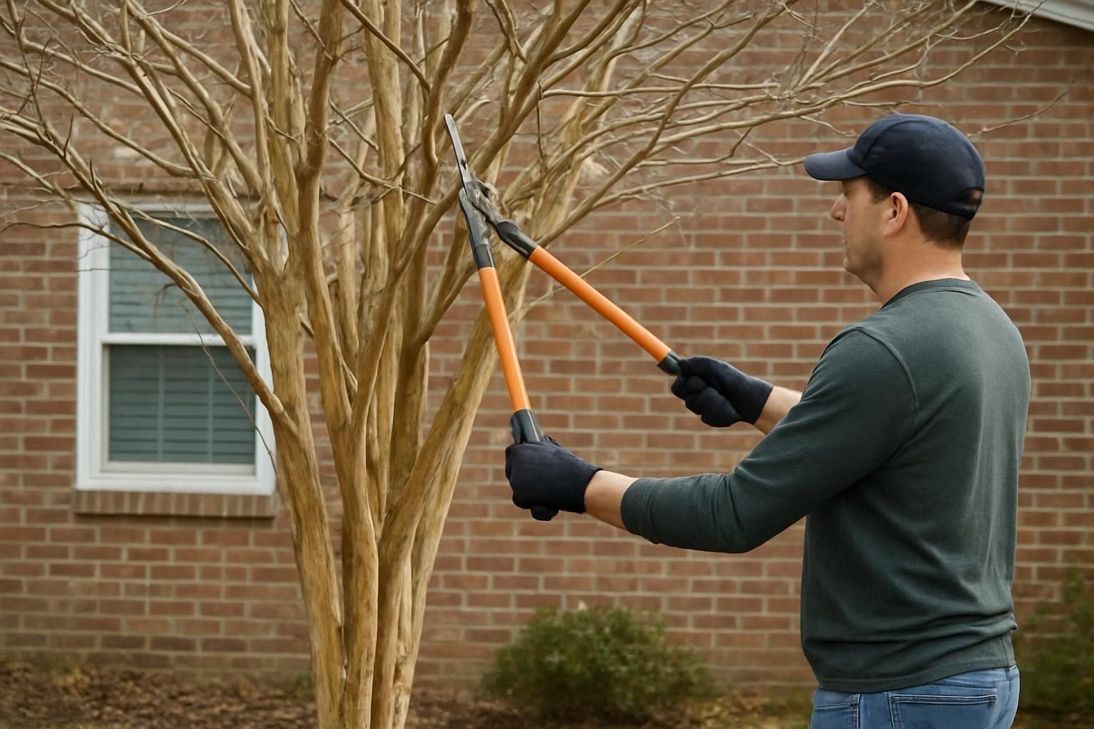 Light late-winter pruning of a crepe myrtle with hand loppers