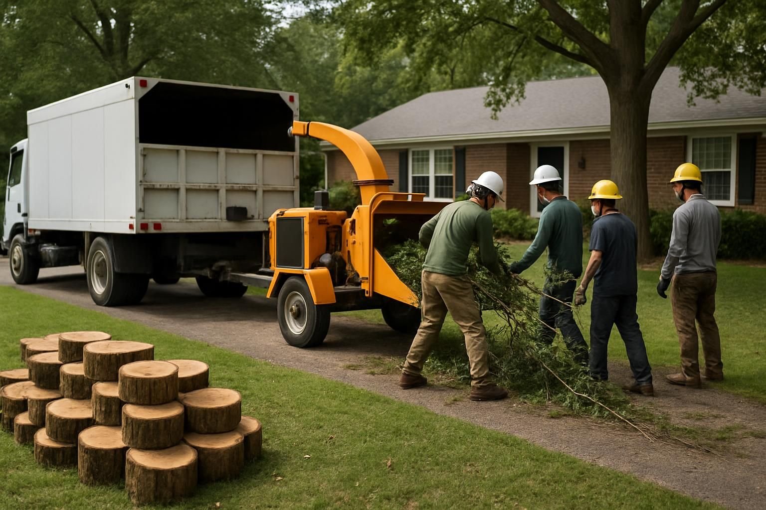 Crew feeding tree limbs into a chipper after a removal in a Fayetteville yard