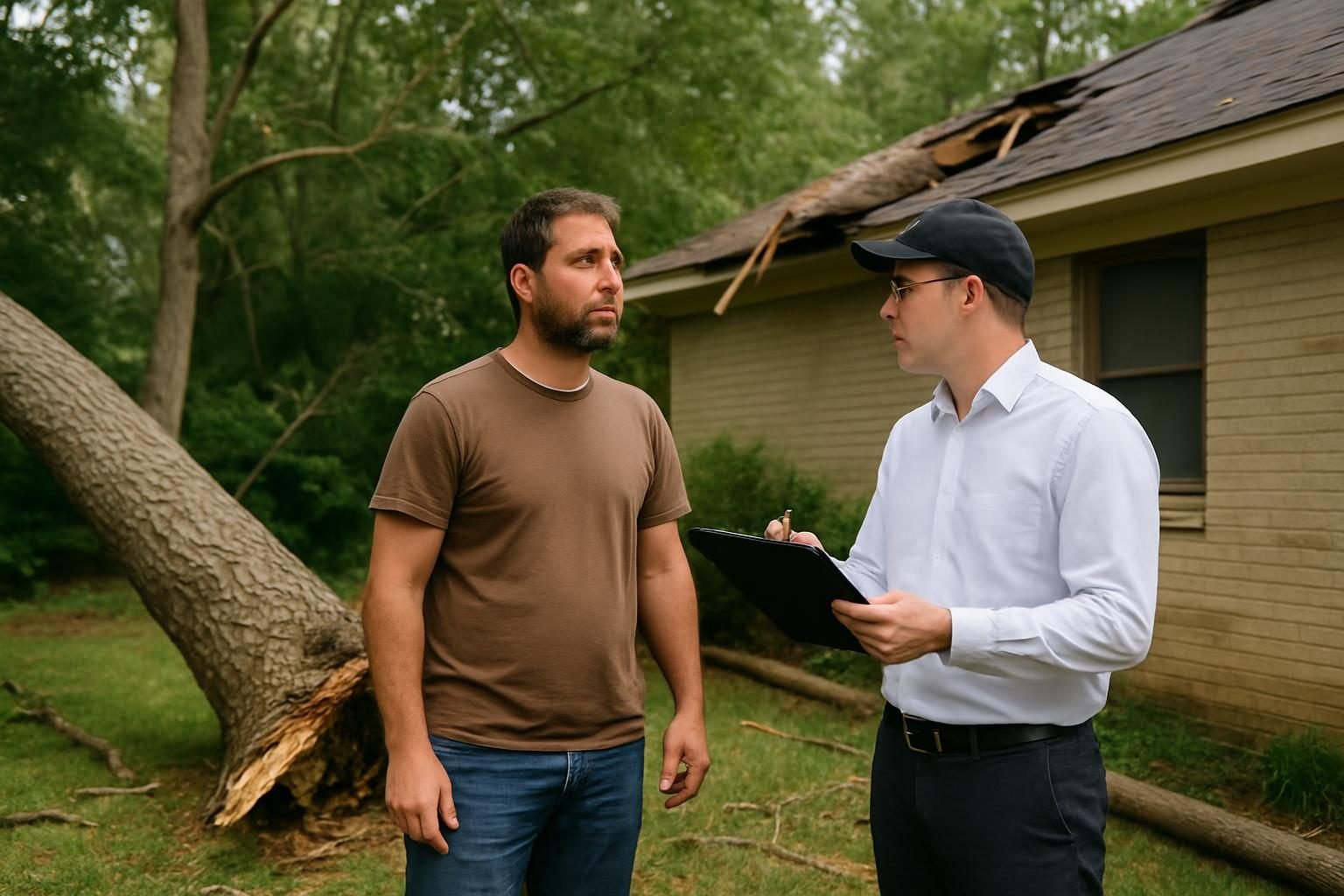 Homeowner and adjuster reviewing tree damage for a homeowners insurance claim