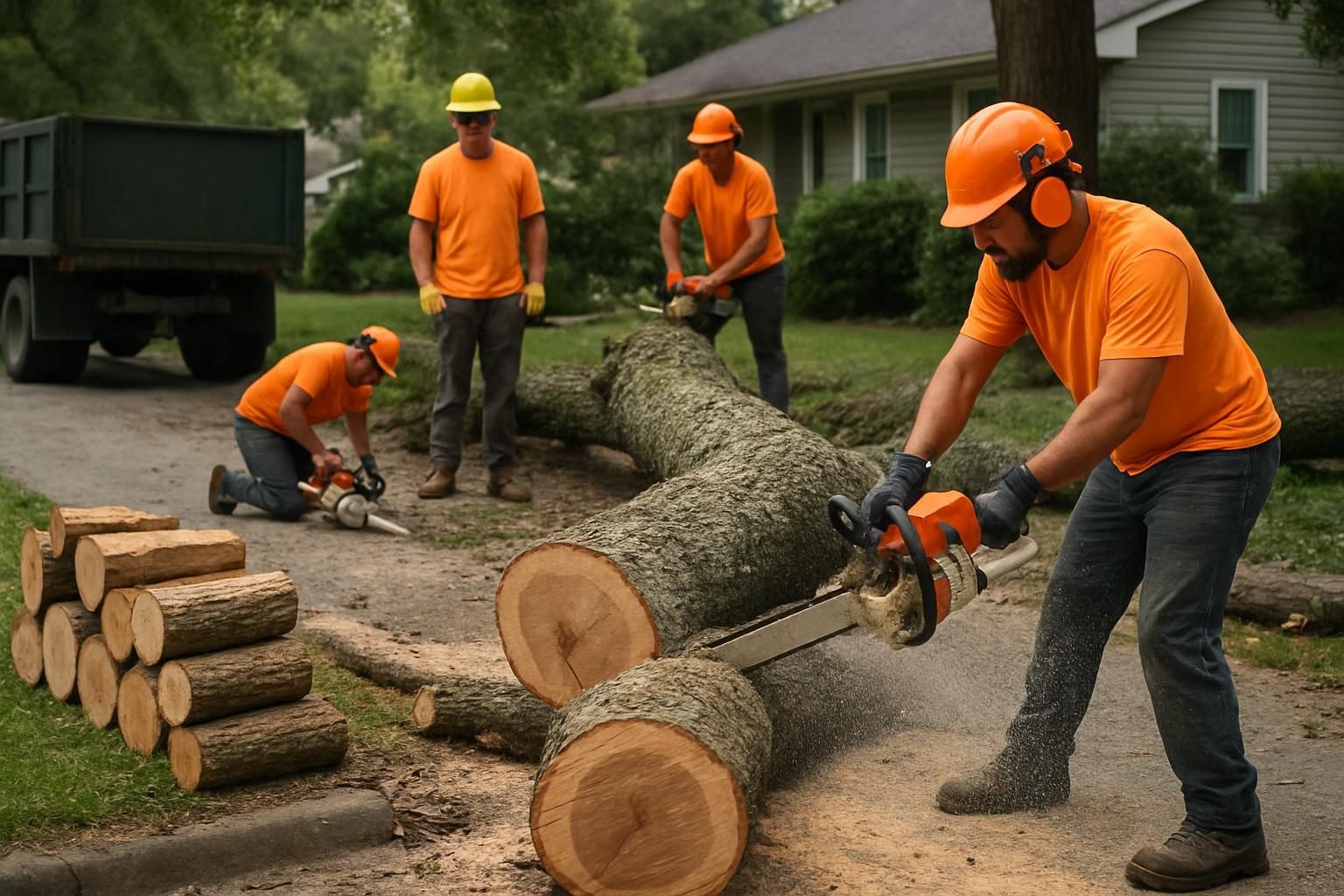 Tree crew clearing a fallen oak blocking a driveway in Cumberland County