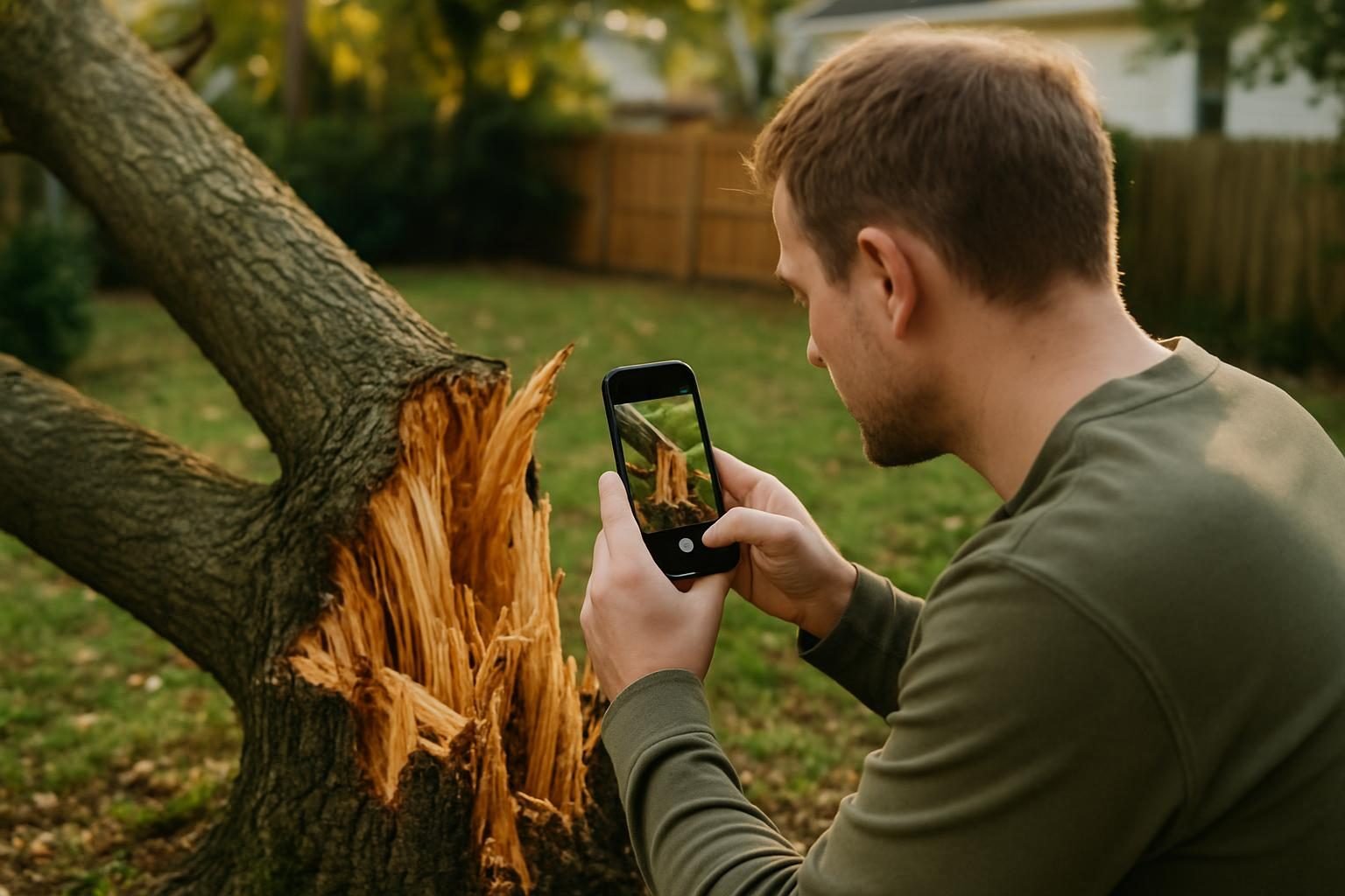 Homeowner photographing a fallen tree to document a tree removal insurance claim