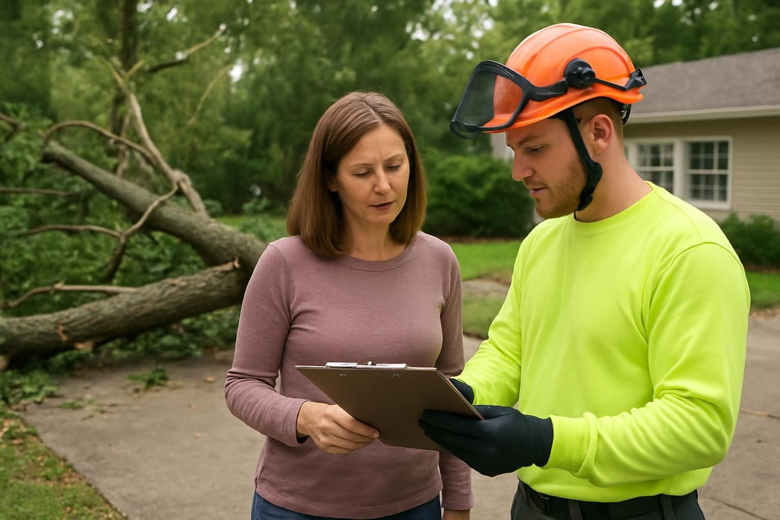 Homeowner reviewing a written emergency tree removal estimate with a tree service worker