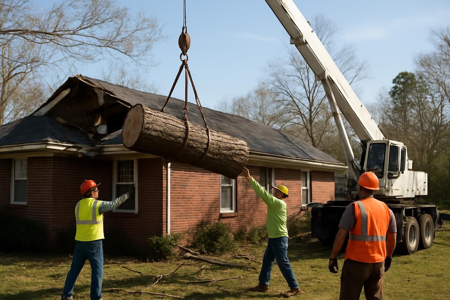 Crane lifting a large tree section off a storm-damaged house during emergency tree removal