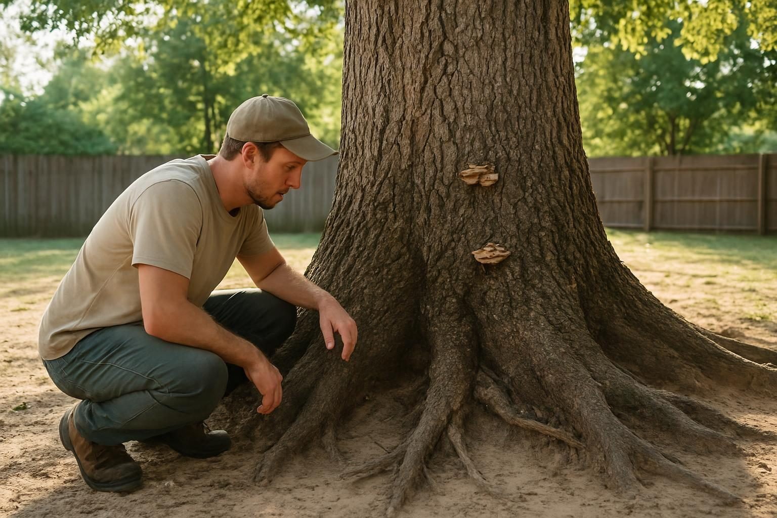 Homeowner inspecting the base of a water oak for decay before hurricane season
