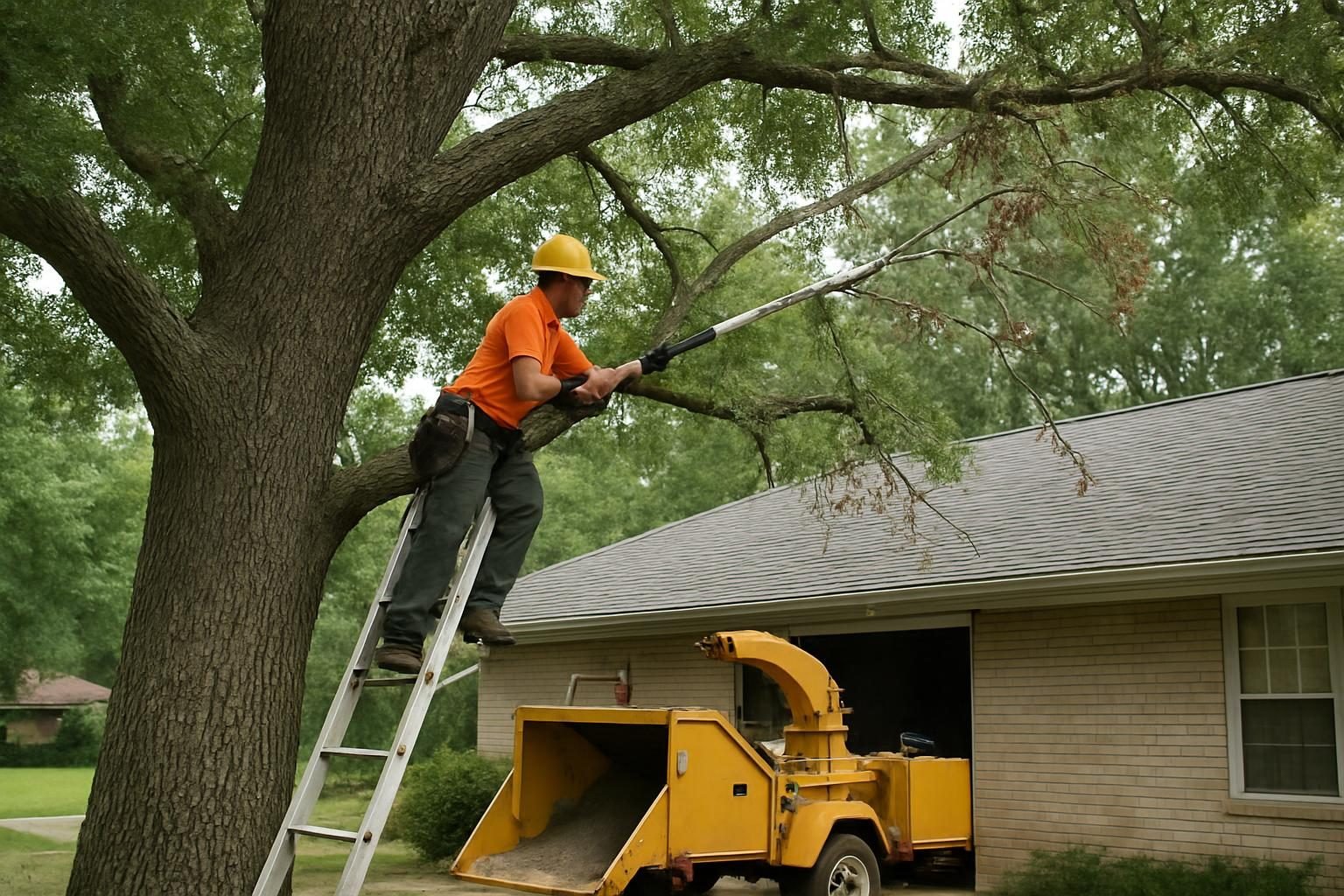 Tree crew removing deadwood from an oak over a roof ahead of storm season in Cumberland County