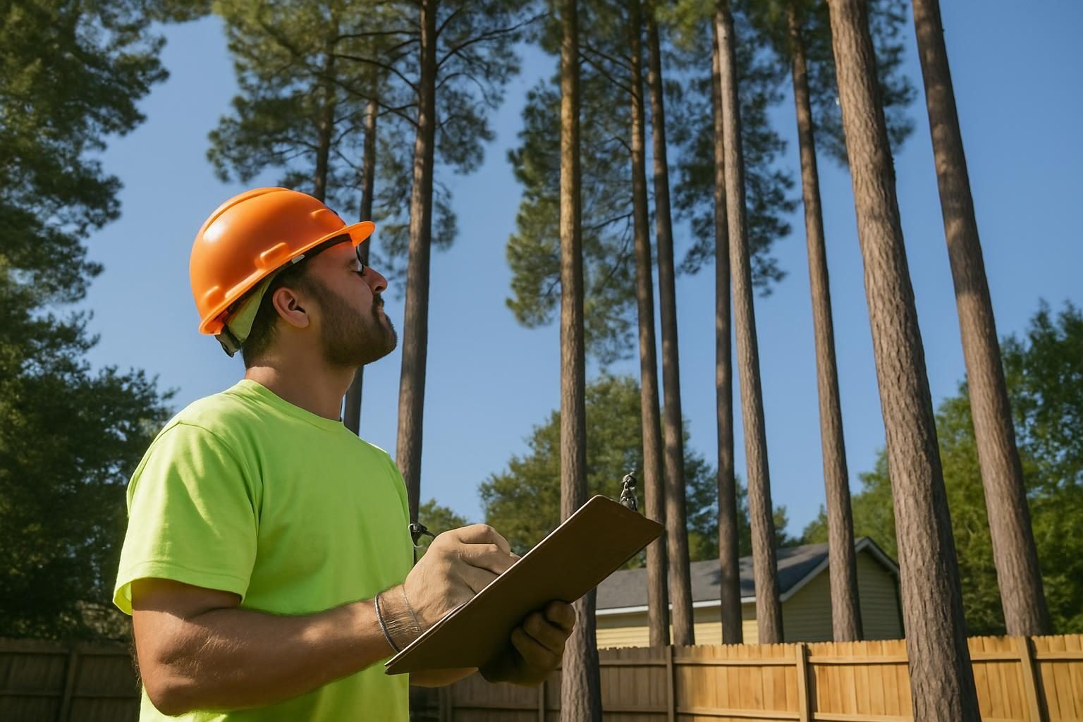 Arborist assessing tall backyard pines to estimate pine tree removal cost