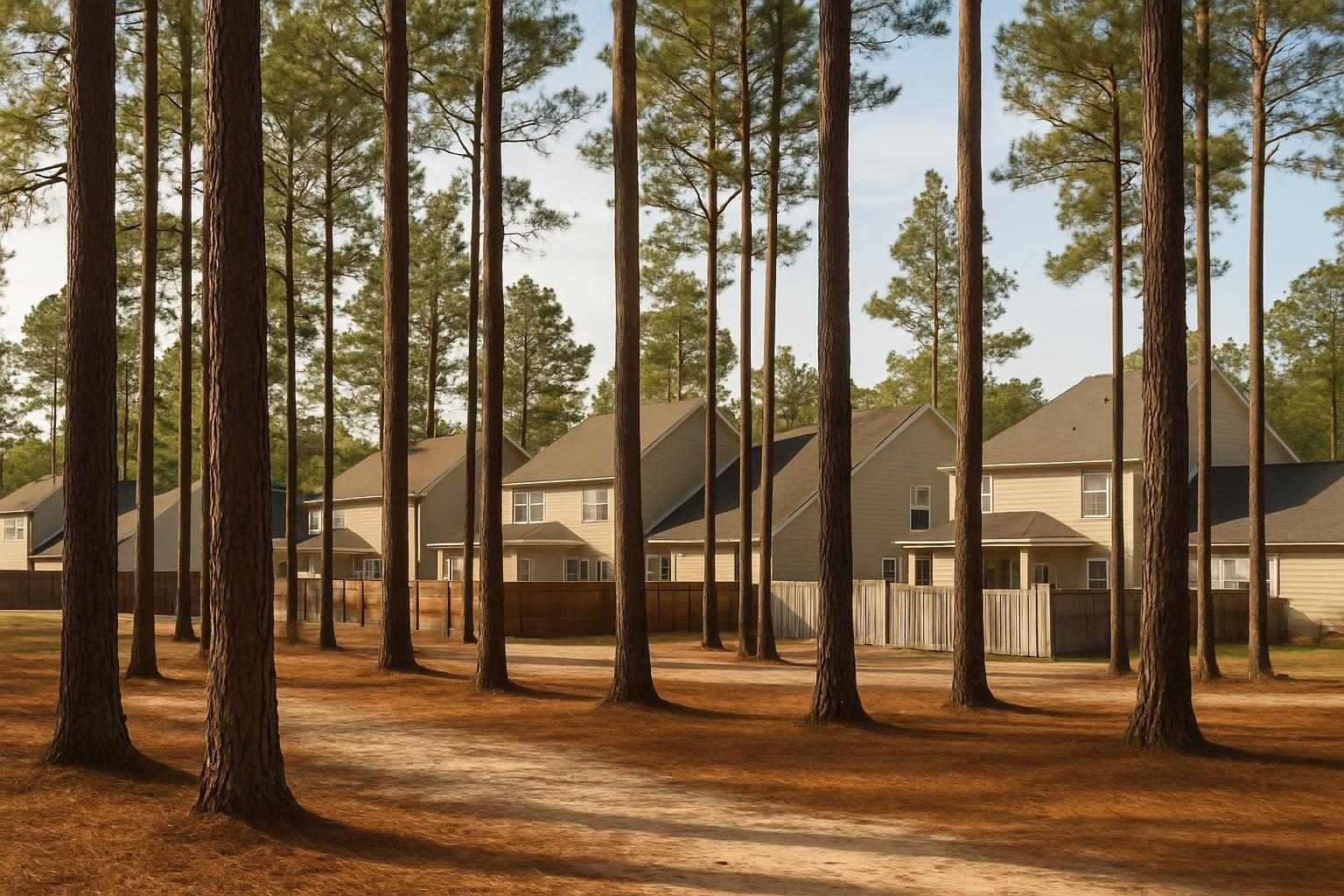 Tall pines in sandy Sandhills soil behind subdivision homes near Fayetteville NC