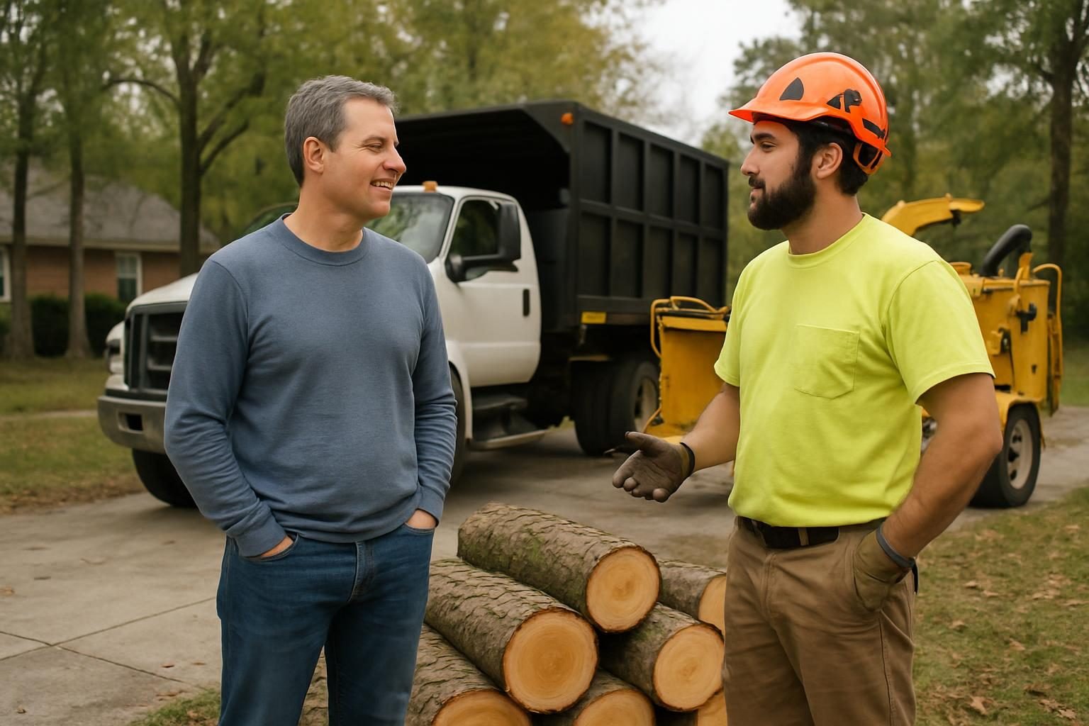 Homeowner reviewing a pine tree removal quote with a crew leader beside cut pine logs