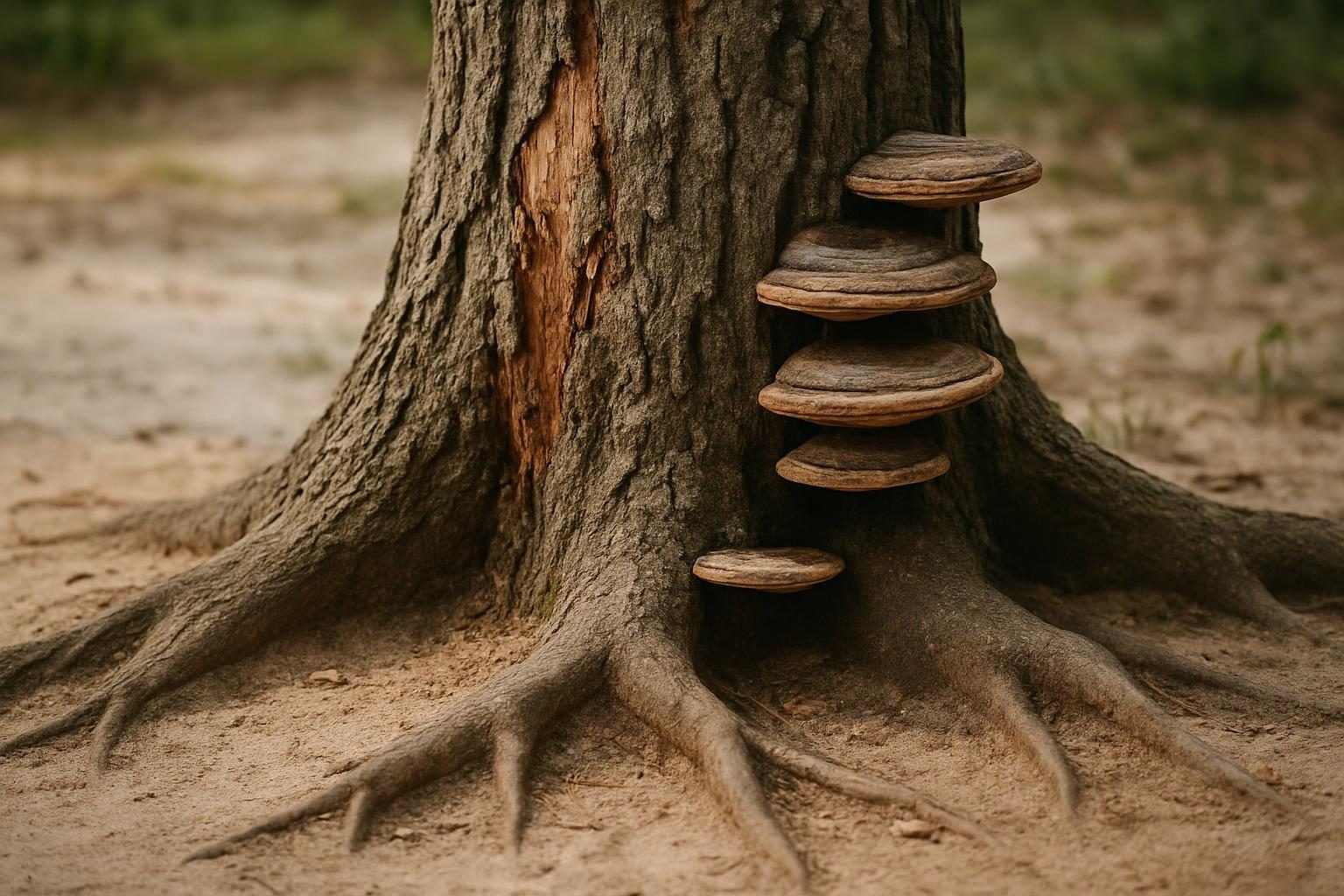 Fungus and peeling bark at the base of a tree, common signs a tree is dying