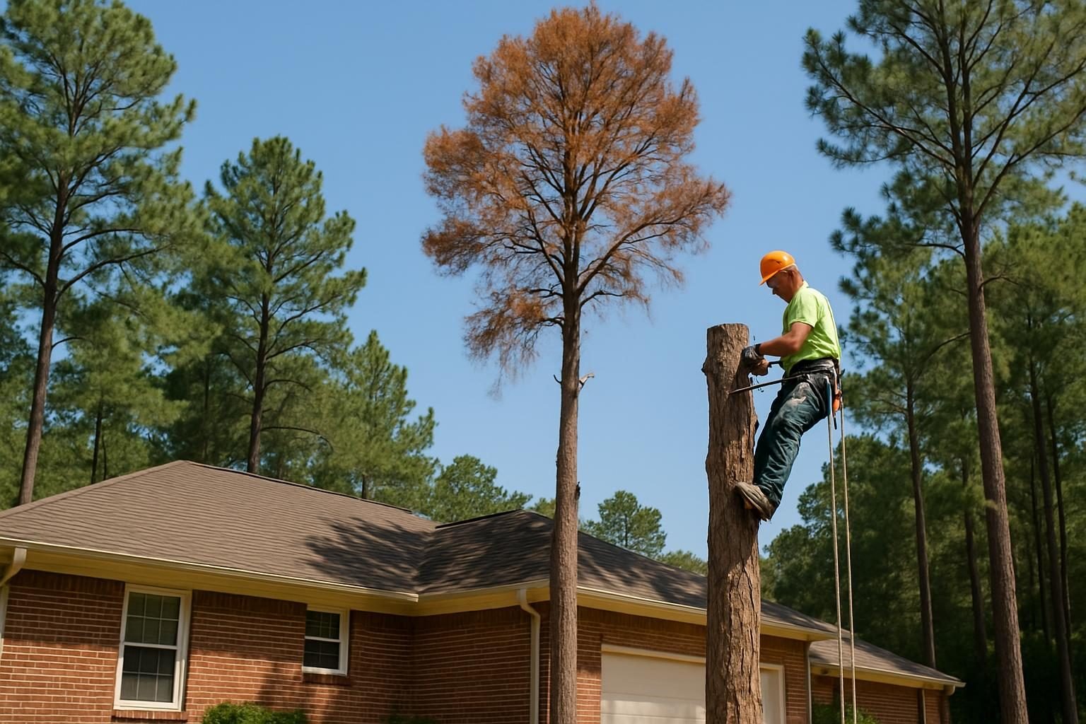 Pine tree with red-brown needles, a sign of bark beetle damage in Cumberland County