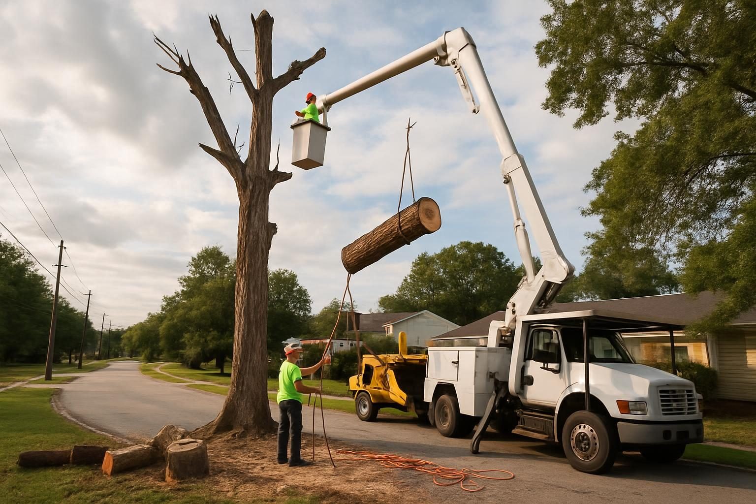Tree crew removing a dying tree with a bucket truck in a Fayetteville neighborhood