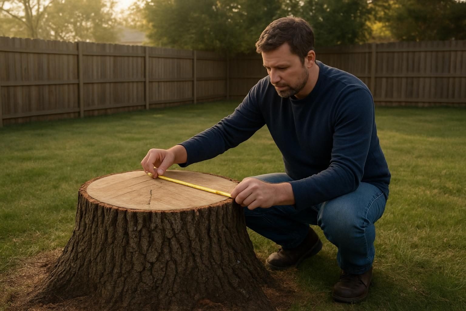 Homeowner measuring stump diameter for a stump grinding quote