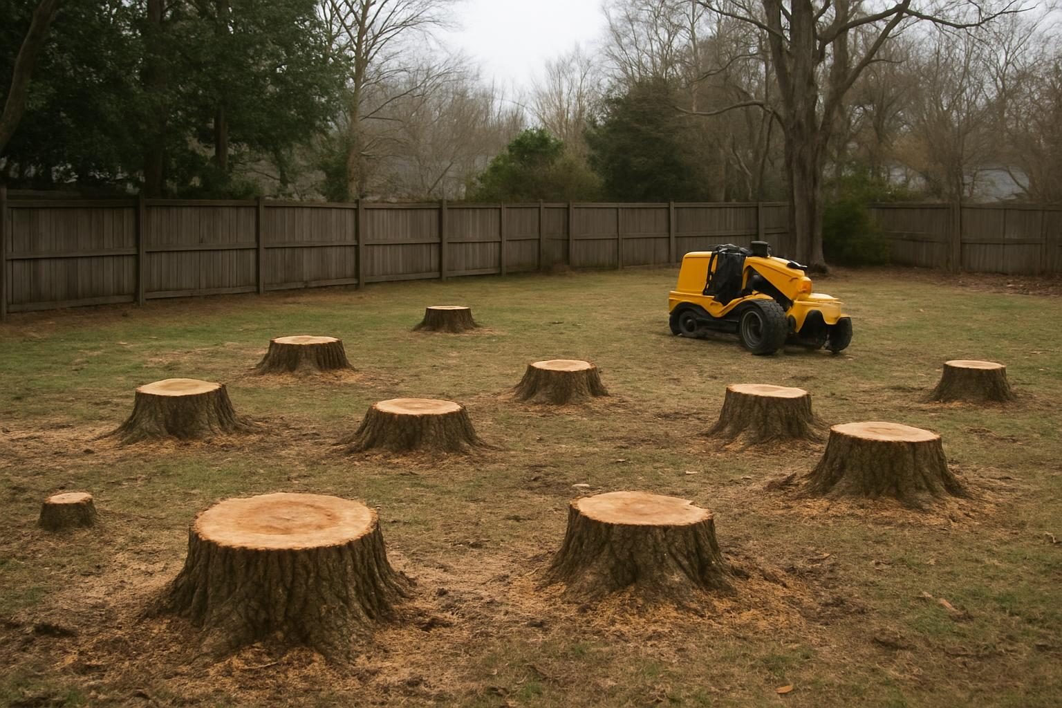 Multiple stumps in a backyard ready for stump grinding