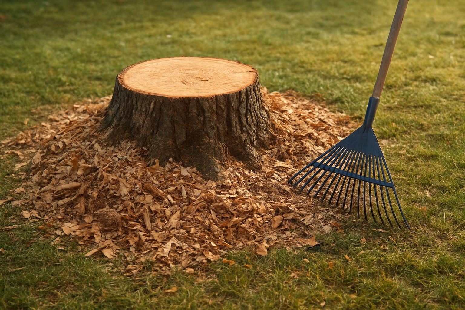 Pile of wood chips left after stump grinding on a lawn