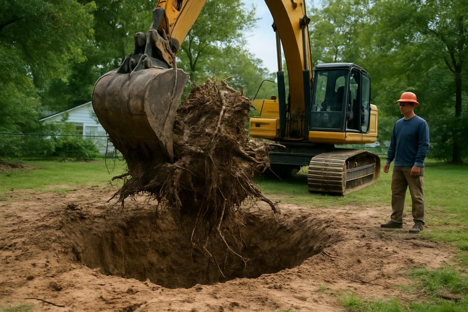 Excavator pulling out a full stump and root ball during stump removal