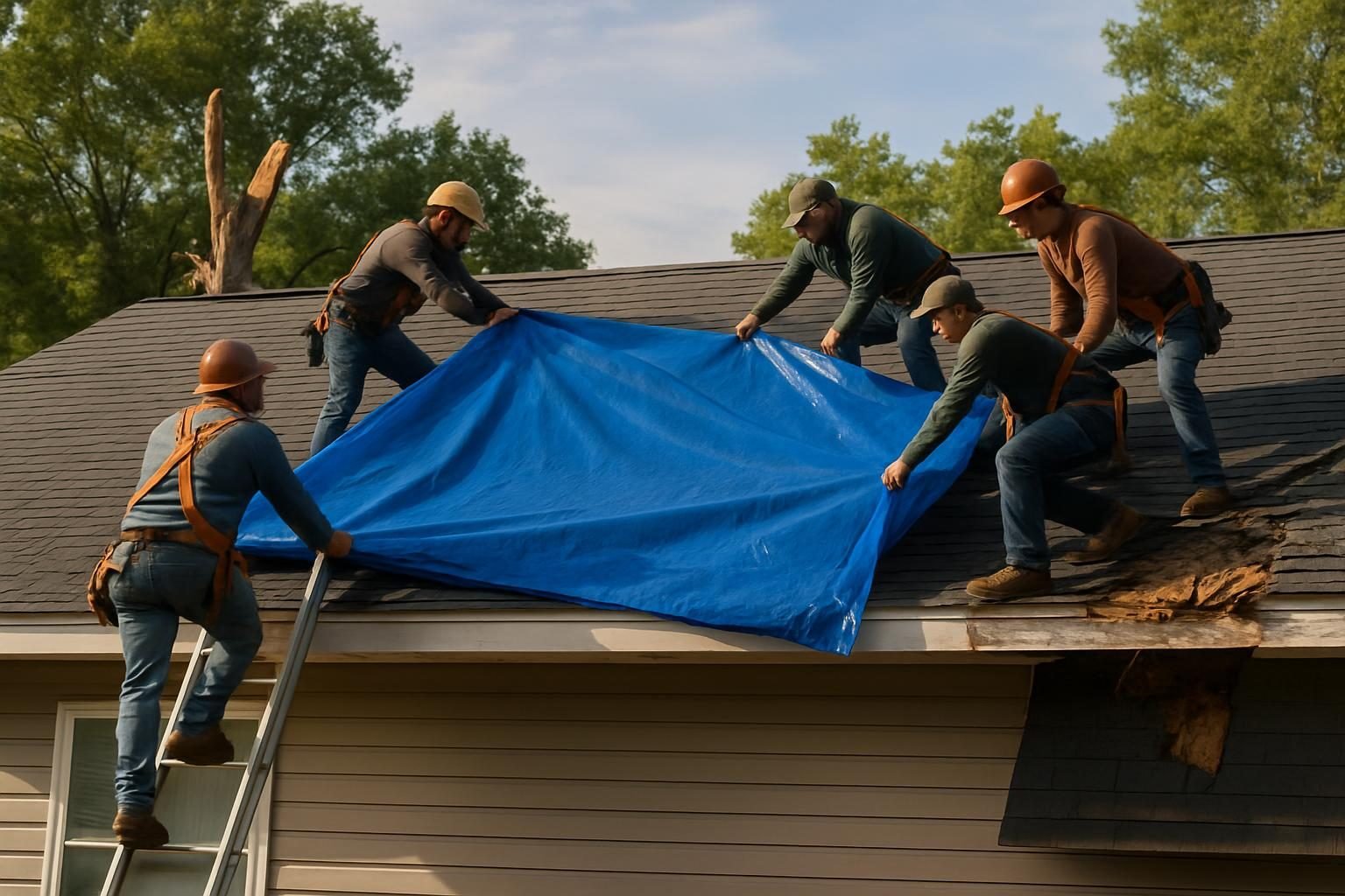 Crew installing a tarp on a storm-damaged roof after a tree fell on the house