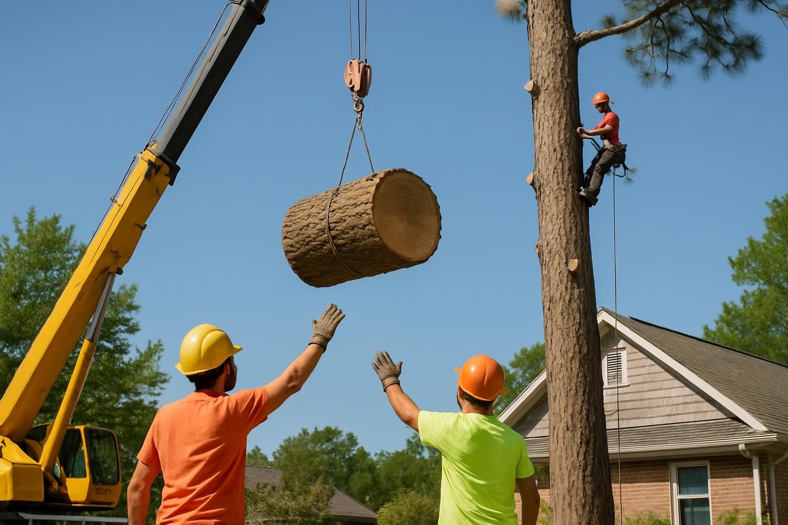 Crane-assisted emergency tree removal lifting a fallen pine off a house in Cumberland County