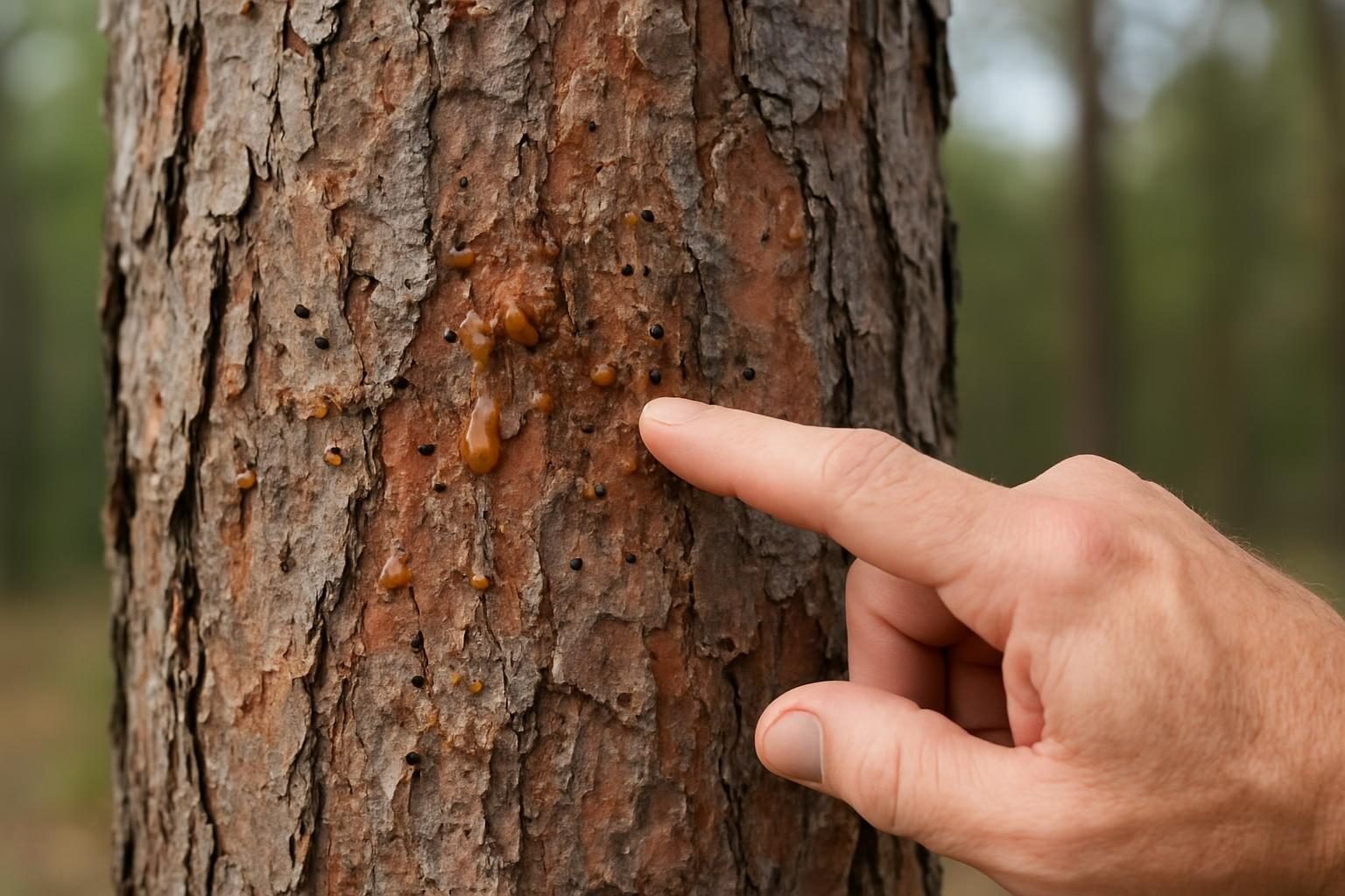 Pine bark beetle damage on a trunk, a sign of when to remove a pine tree