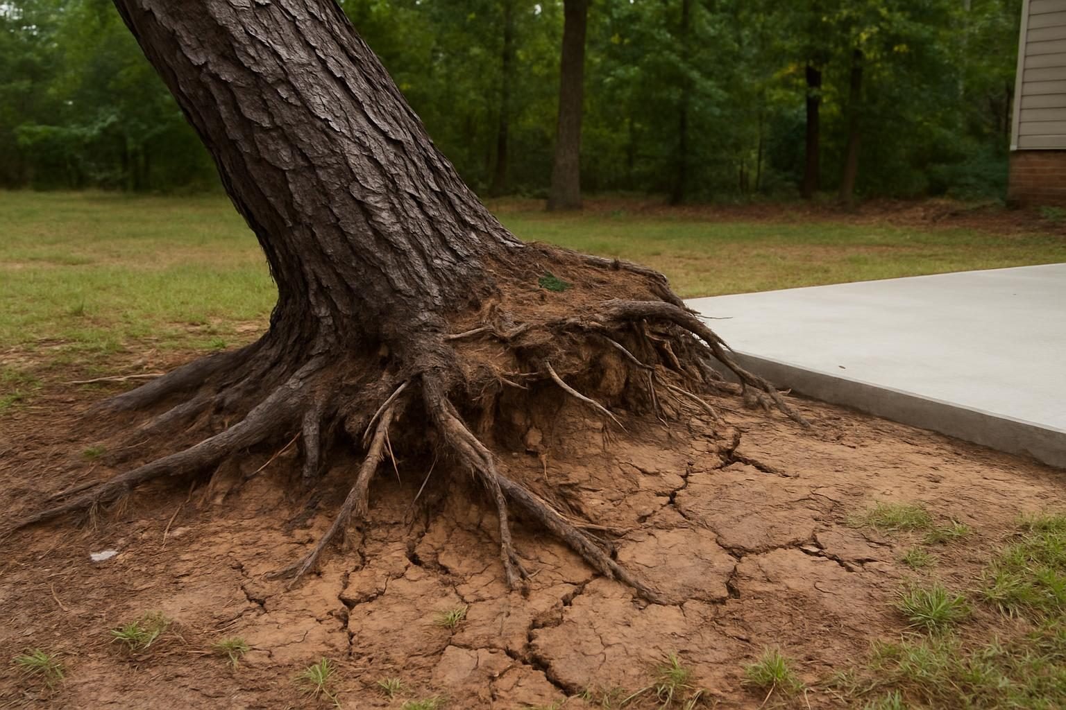 Leaning pine with exposed roots and heaved soil near a construction area