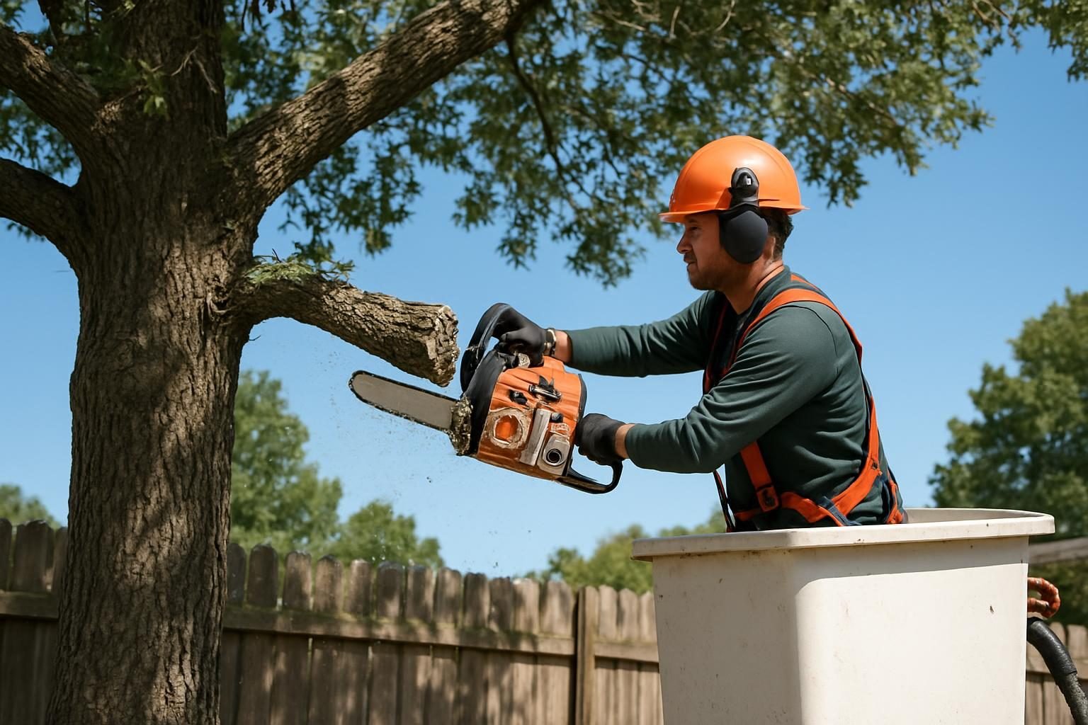 Tree trimmer cutting overhanging branches back to a property line in North Carolina