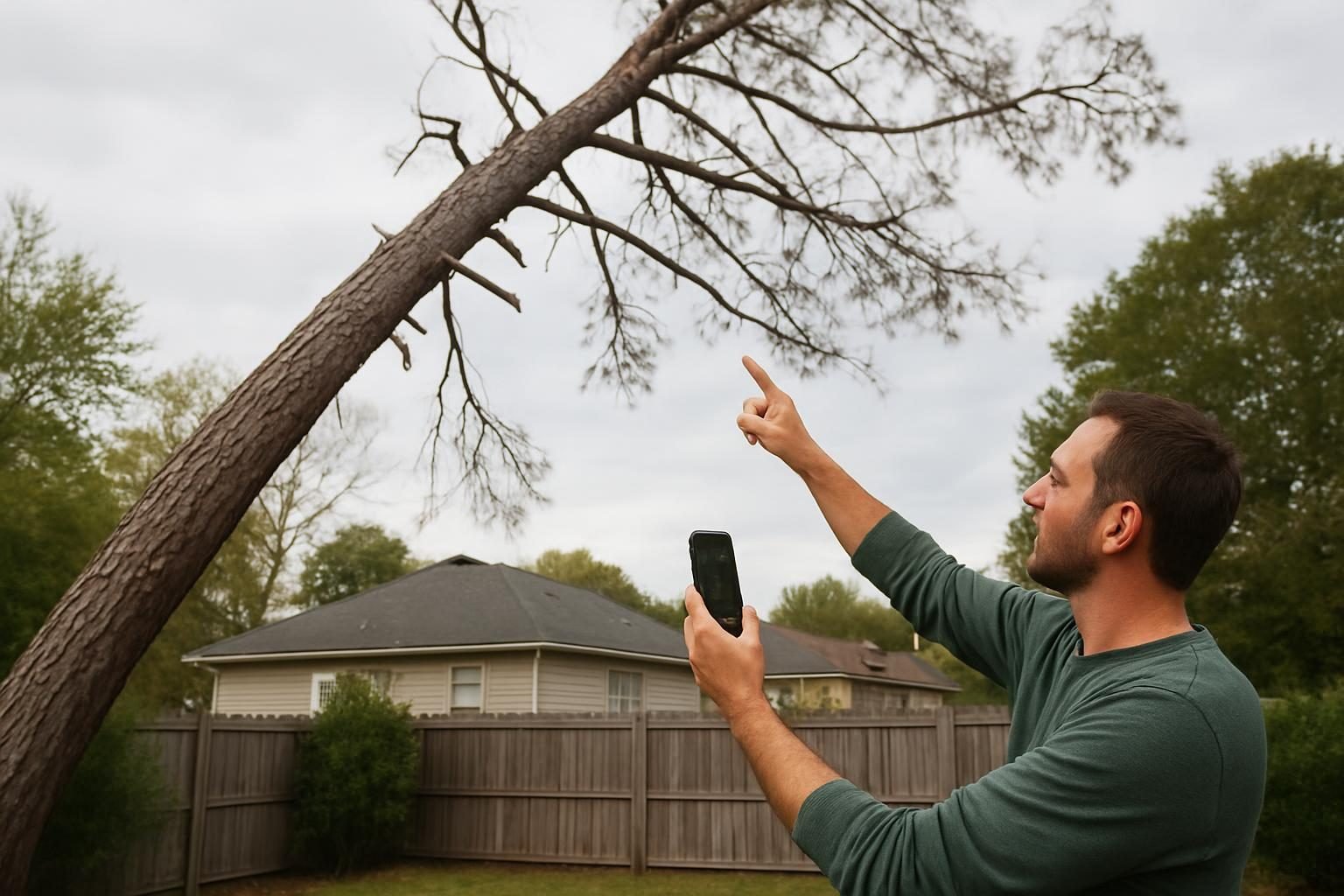 Homeowner documenting a leaning neglected tree before it becomes a hazard
